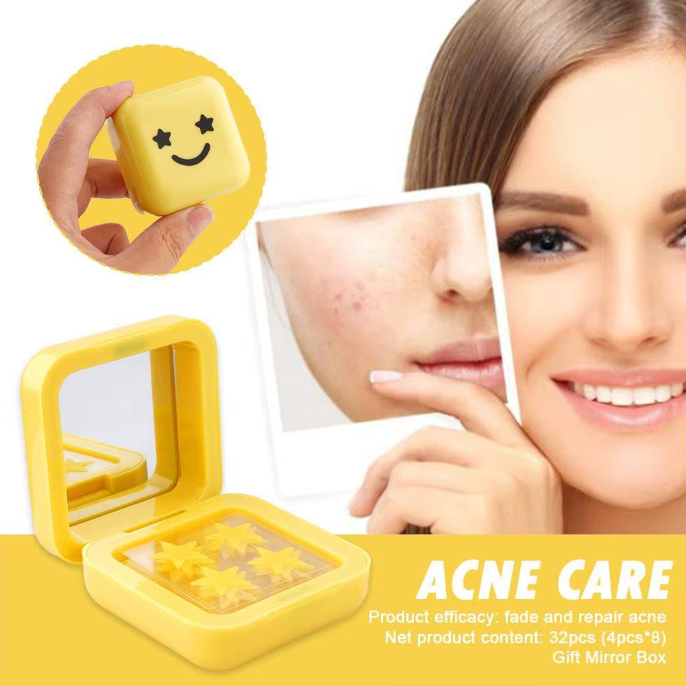 1Box Yellow Acne Patch Fade Repair Invisible Acne Removal Stickers Cute Concealer Makeup Tool Star Style with Mirror Storage Box